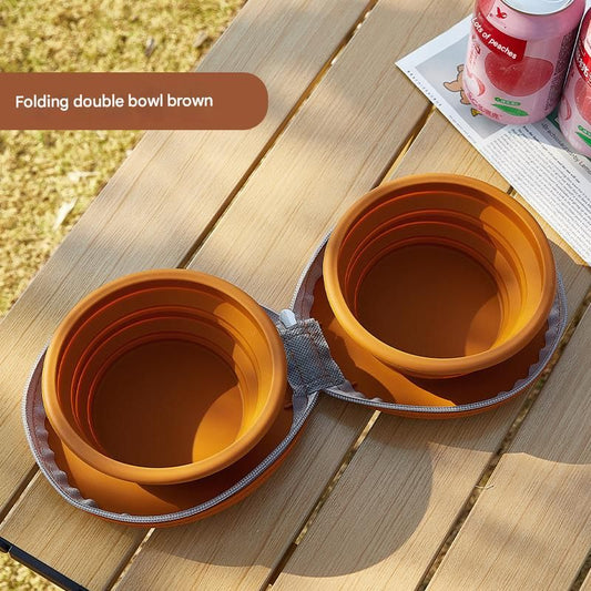 Brown Portable Collapsible Silicone Pet Bowl - Food Grade Silicone - Dual Bowl Design, Adjustable Height, V888-ELOSUNG50966