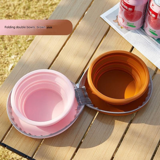 Brown and Pink Portable Collapsible Silicone Pet Bowl - Food Grade Silicone - Dual Bowl Design, Adjustable V888-ELOSUNG50967