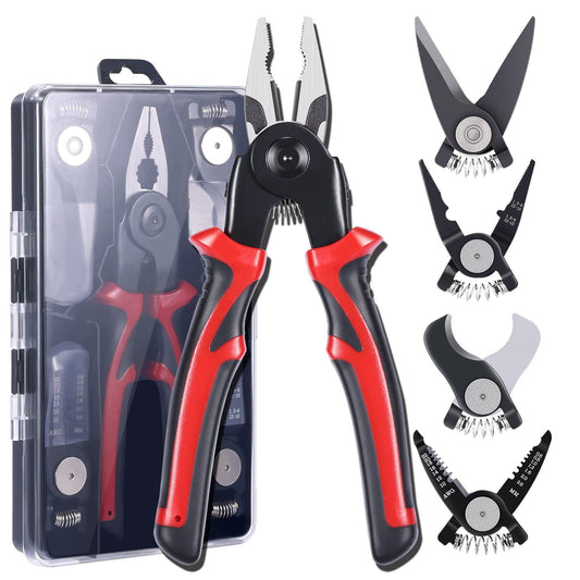Black and Red 5 in 1 Interchangeable Plier Tool Set - High Carbon Steel - Wire Stripper, Crimper, Cutter, V888-ELOSUNG50971