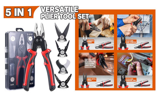 Black and Red 5 in 1 Interchangeable Plier Tool Set - High Carbon Steel - Wire Stripper, Crimper, Cutter, V888-ELOSUNG50971
