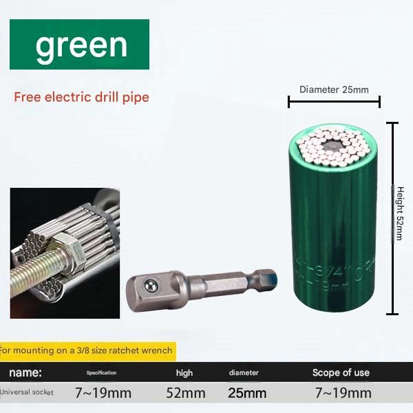 Green Universal Socket Set 7-19mm - Steel Construction - Multi-function Magic Socket, Colorful Design, V888-ELOSUNG50978