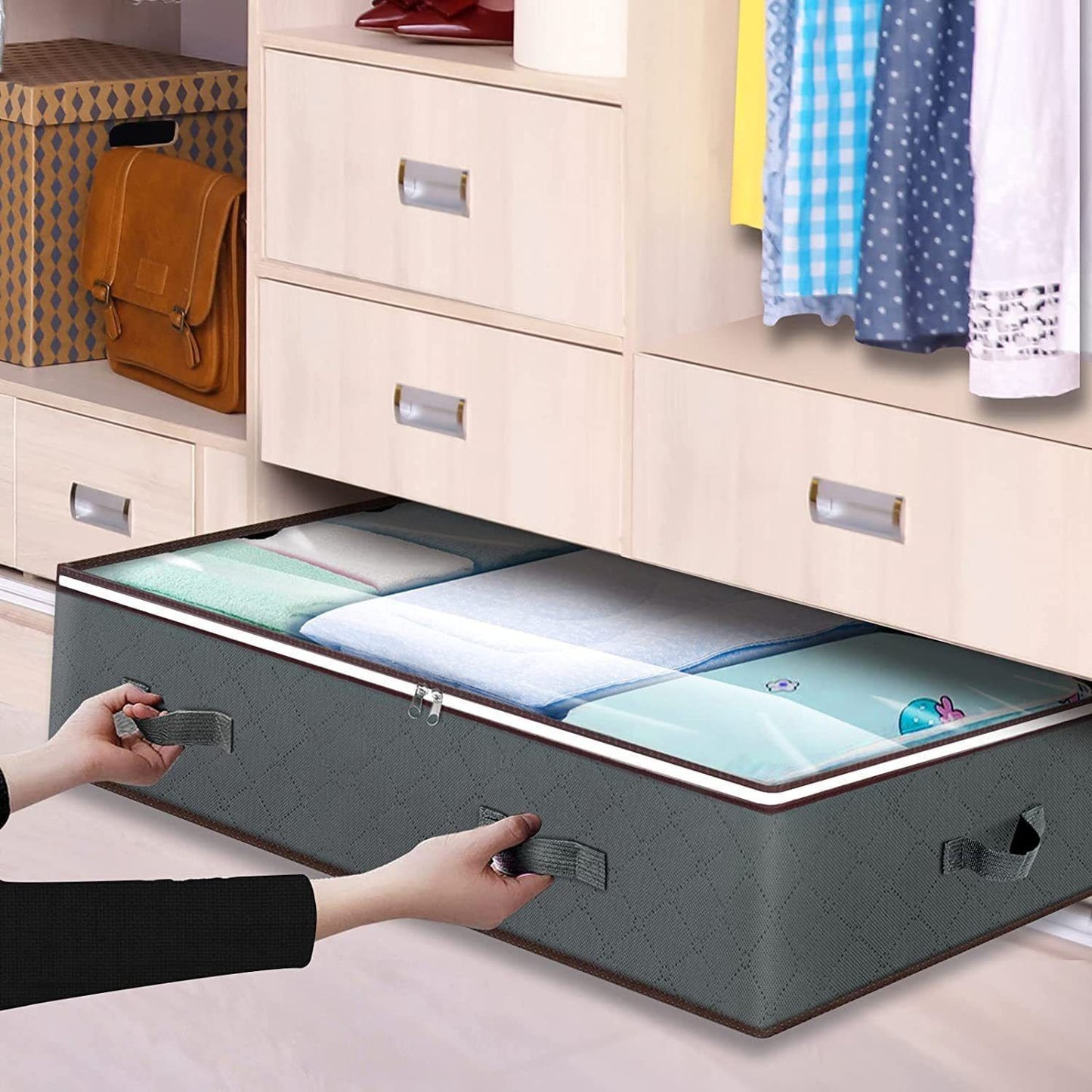 Black Under Bed Storage Bag - Foldable Underbed Organiser with Clear Window and Handles for Blankets Clothes V888-ELOSUNG51020
