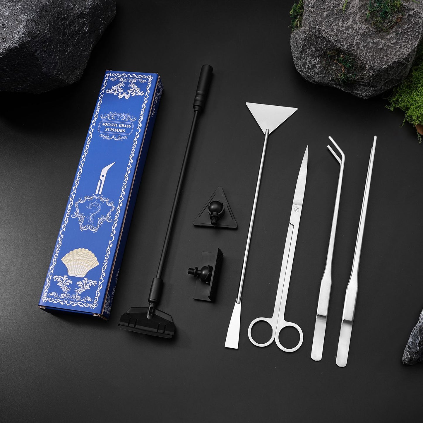 Silver Stainless Steel Aquarium Cleaning Tool Kit - 5 Piece Fish Tank Maintenance Set with Tweezers Scissors V888-ELOSUNG51025
