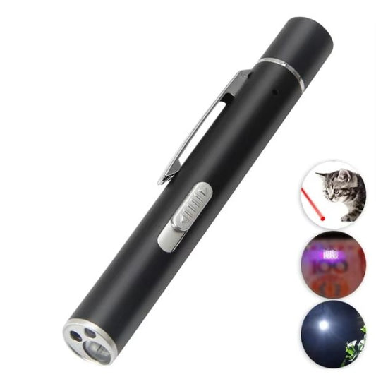Black Metal Laser Cat Toy Pen Set - 2 Piece USB Rechargeable 3-in-1 Laser Pointer with UV Light and LED Torch V888-ELOSUNG51045