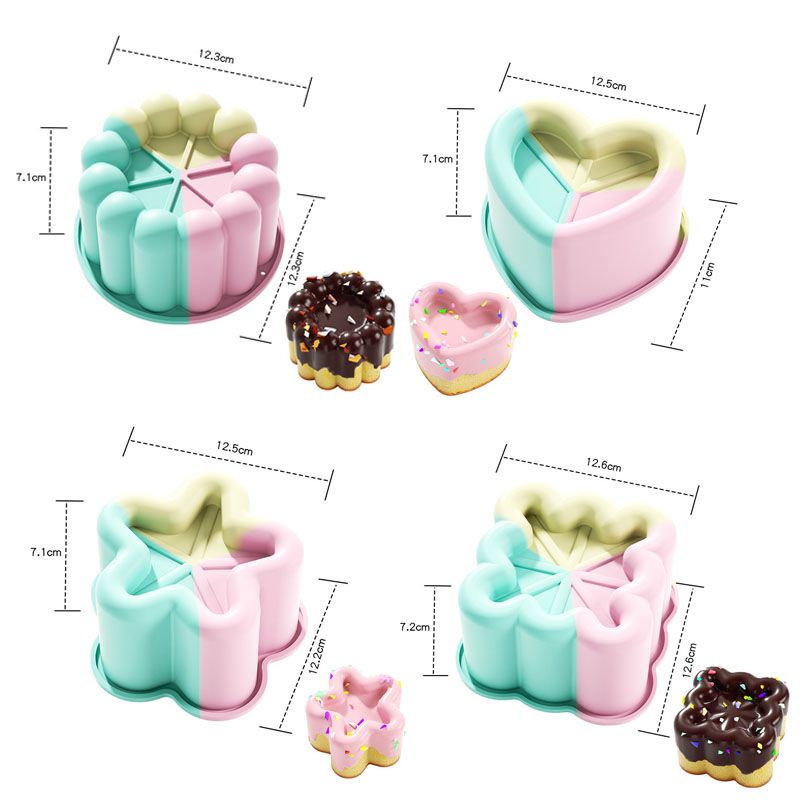 4 Piece Colorful Silicone Baking Mould Set - Heart Star Square Round Shapes Food Grade Cake Mousse Pudding V888-ELOSUNG51072