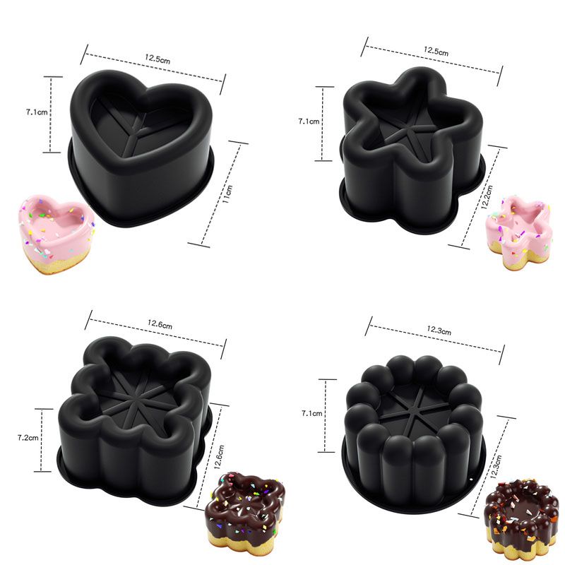 4 Piece Black Silicone Baking Mould Set - Heart Star Square Round Shapes Food Grade Cake Mousse Pudding V888-ELOSUNG51073