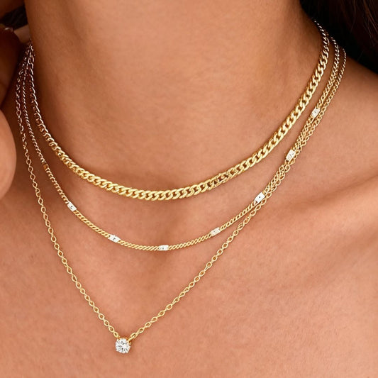 Golden Layered Zircon Necklace Set - Multi Strand Chain Choker with Pendant and Bar Accents Fashion Jewellery V888-ELOSUNG51074