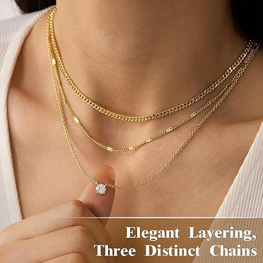 Golden Layered Zircon Necklace Set - Multi Strand Chain Choker with Pendant and Bar Accents Fashion Jewellery V888-ELOSUNG51074