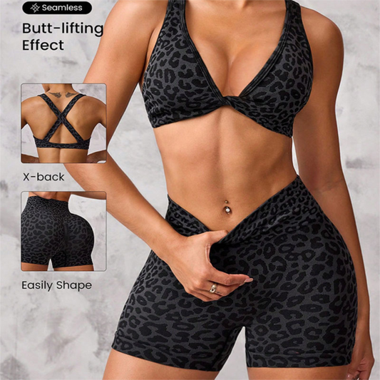 Leopard Print Yoga Set - Twist Front Sports Bra with Criss Cross Back and High Waisted Butt Lifting V888-ELOSUNG51098