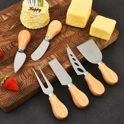 6-Piece Stainless Steel Cheese Knife Set with Wooden Handles - Cheese Knife Fork Butter Spatula for Home V888-ELOSUNG51150
