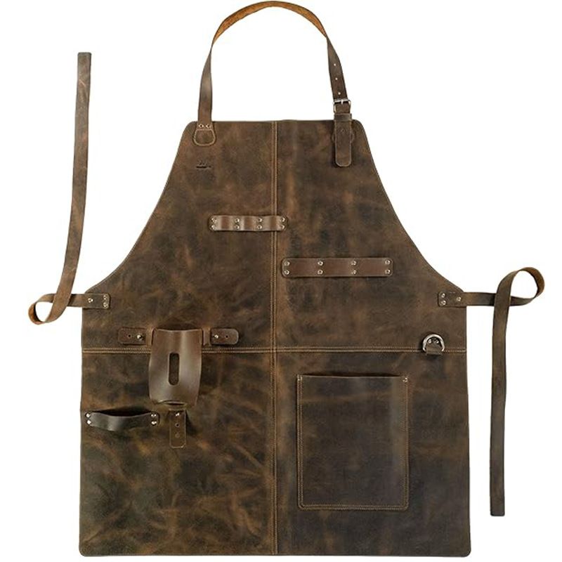 Retro PU Leather Apron - Multi-Pocket Cross-Neck Craftsman Workwear for Woodworking BBQ V888-ELOSUNG51187