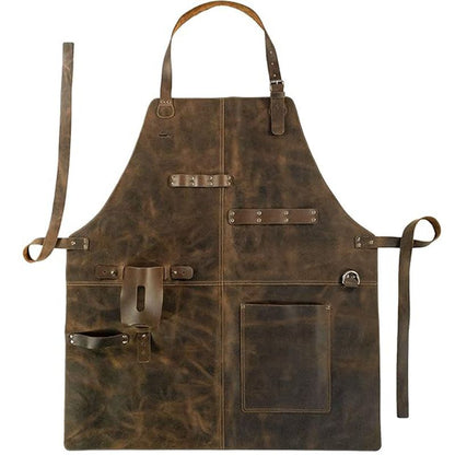 Retro PU Leather Apron - Multi-Pocket Cross-Neck Craftsman Workwear for Woodworking BBQ V888-ELOSUNG51187