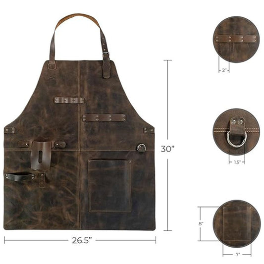 Retro PU Leather Apron - Multi-Pocket Cross-Neck Craftsman Workwear for Woodworking BBQ V888-ELOSUNG51187