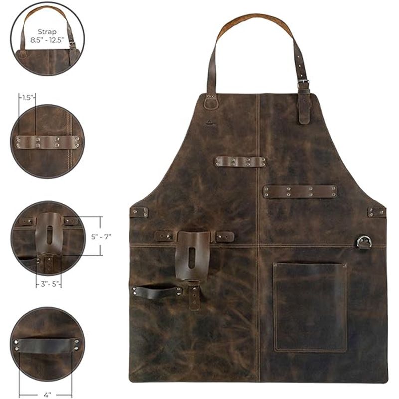 Retro PU Leather Apron - Multi-Pocket Cross-Neck Craftsman Workwear for Woodworking BBQ V888-ELOSUNG51187