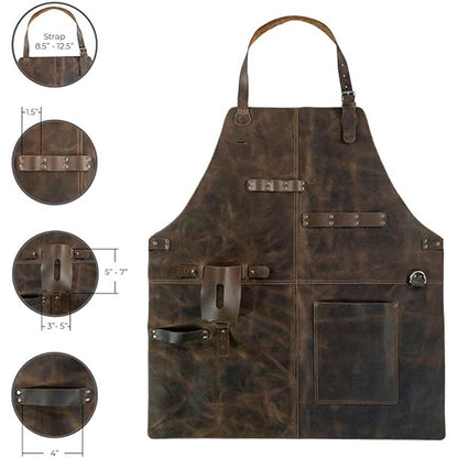 Retro PU Leather Apron - Multi-Pocket Cross-Neck Craftsman Workwear for Woodworking BBQ V888-ELOSUNG51187