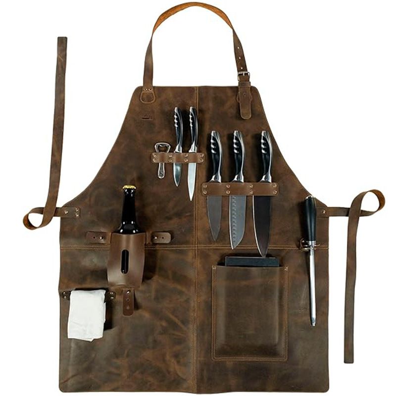Retro PU Leather Apron - Multi-Pocket Cross-Neck Craftsman Workwear for Woodworking BBQ V888-ELOSUNG51187