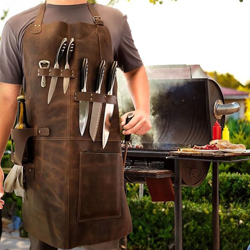 Retro PU Leather Apron - Multi-Pocket Cross-Neck Craftsman Workwear for Woodworking BBQ V888-ELOSUNG51187
