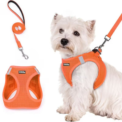 Orange Breathable Dog Harness and Leash Set - Adjustable Reflective Pet Vest with Swivel Clip(Size: M) V888-ELOSUNG51203