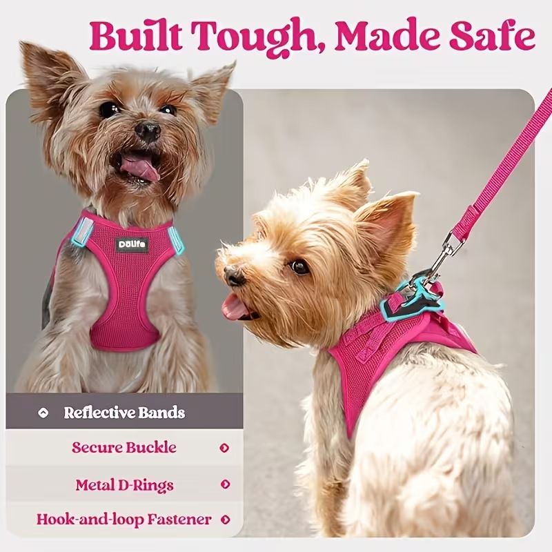 Rose red Breathable Dog Harness and Leash Set - Adjustable Reflective Pet Vest with Swivel Clip(Size: M) V888-ELOSUNG51208