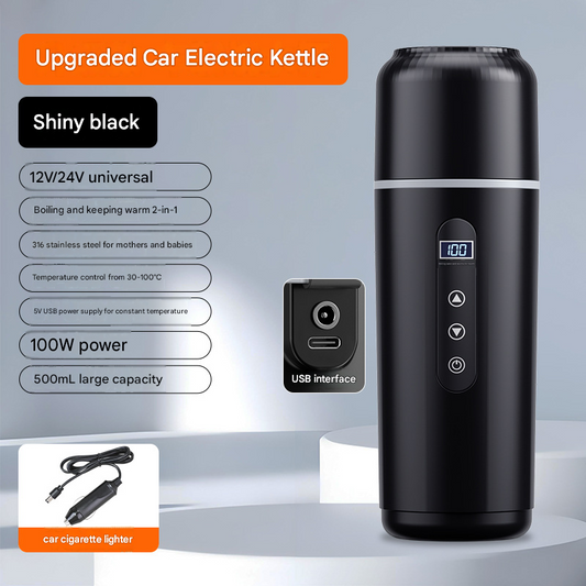 Black Portable Car Electric Kettle 12V/24V Universal USB Travel Water Boiler 500ml 316 Stainless Steel Smart V888-ELOSUNG51234