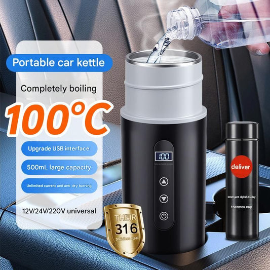 Black Portable Car Electric Kettle 12V/24V Universal USB Travel Water Boiler 500ml 316 Stainless Steel Smart V888-ELOSUNG51234