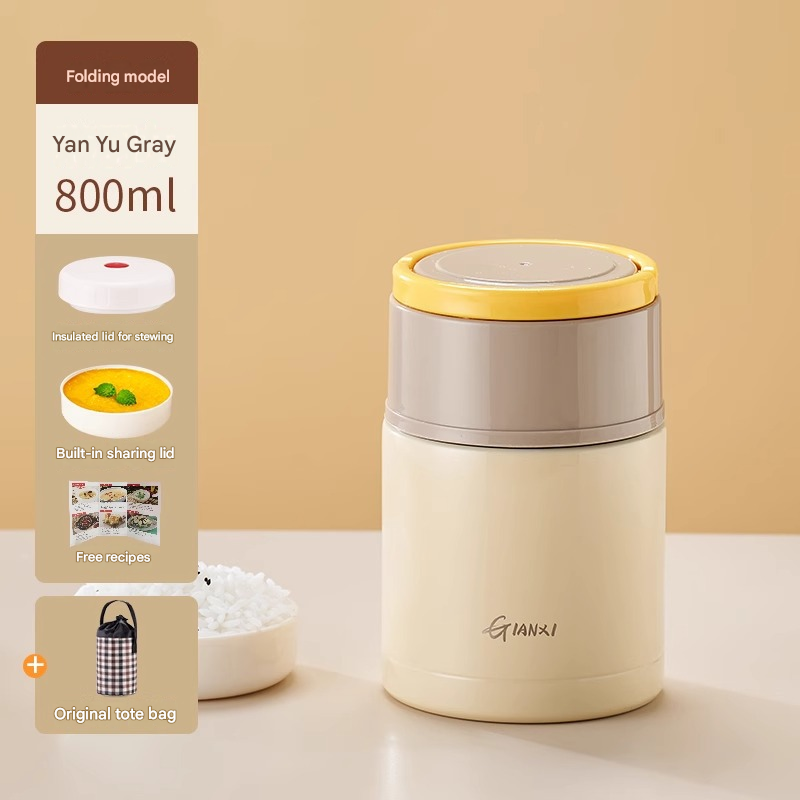 Brown 800ml Stainless Steel Thermal Stew Jar Portable Insulated Lunch Pot with Handle - Vacuum Insulated Soup V888-ELOSUNG51252