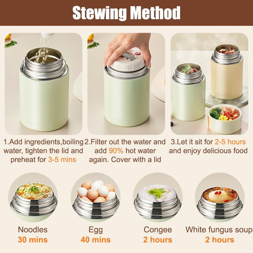 Brown 800ml Stainless Steel Thermal Stew Jar Portable Insulated Lunch Pot with Handle - Vacuum Insulated Soup V888-ELOSUNG51252