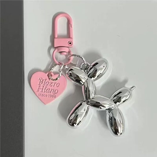 2-Piece Silver Balloon Dog Keychain Set with Heart Charm Bag Pendant Cute Couple Gift(Pink button) V888-ELOSUNG51286