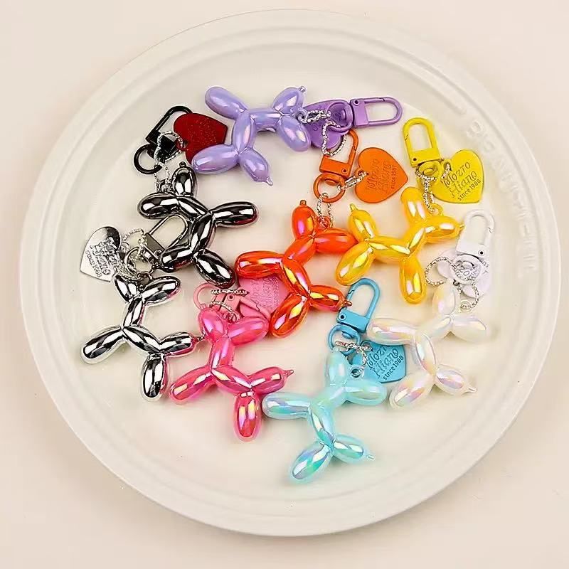 2-Piece Silver Balloon Dog Keychain Set with Heart Charm Bag Pendant Cute Couple Gift(Rose red button) V888-ELOSUNG51287