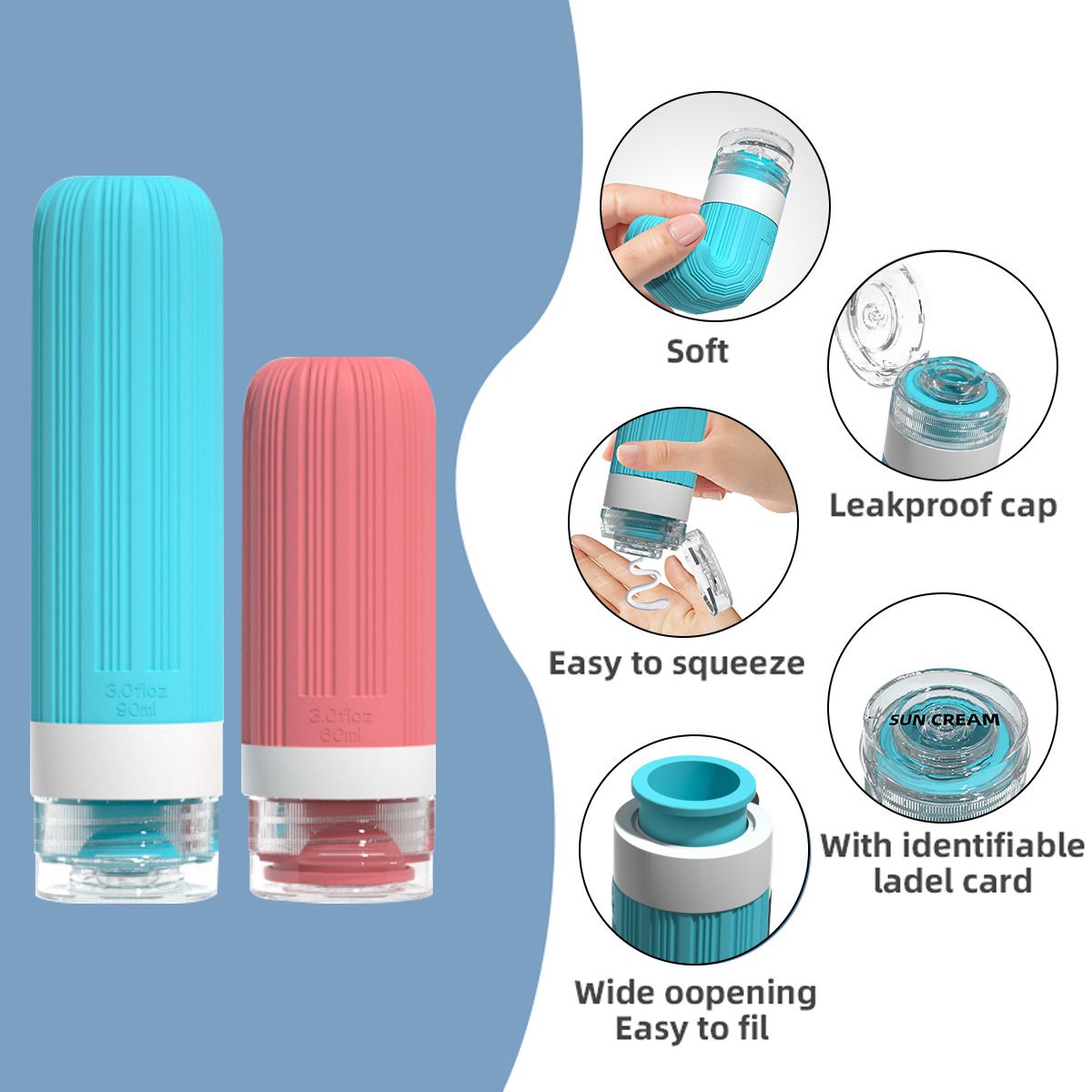 Silicone Travel Toiletry Bottles Set Leakproof Squeeze Containers with Case(09) V888-ELOSUNG51341