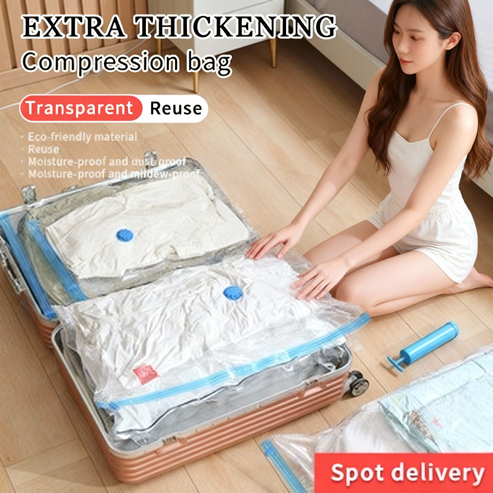 Vacuum Compression Storage Bags 7 Piece Set (6 Bags + Hand Pump) for Clothes Quilts Travel V888-ELOSUNG51358