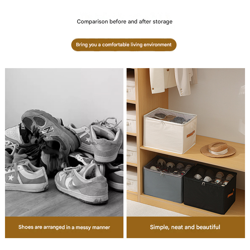 Beige Foldable Fabric Shoe Storage Box with Compartments Dustproof Moistureproof V888-ELOSUNG51361