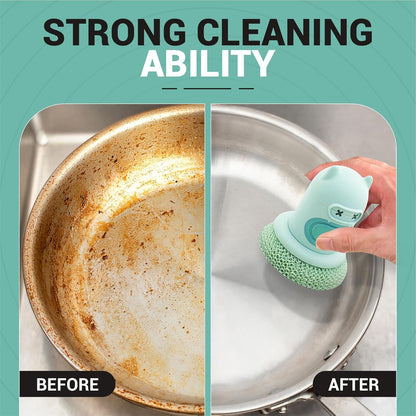 Green Cartoon Press Dishwashing Brush with Replaceable Sponge Heads Kitchen Pot Cleaner V888-ELOSUNG51365