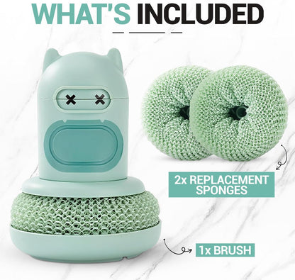 Green Cartoon Press Dishwashing Brush with Replaceable Sponge Heads Kitchen Pot Cleaner V888-ELOSUNG51365