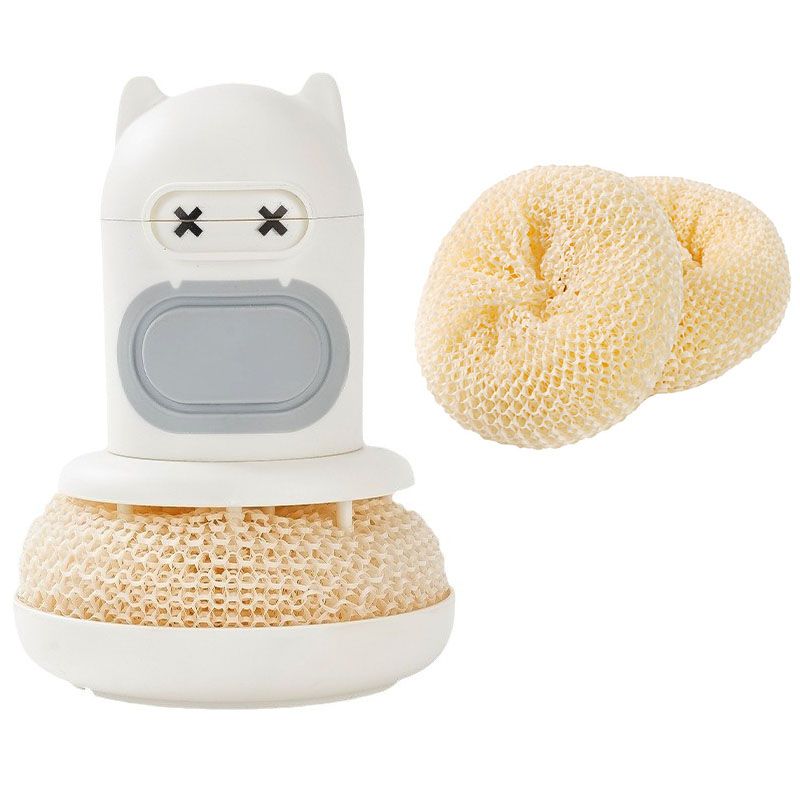 White Cartoon Press Dishwashing Brush with Replaceable Sponge Heads Kitchen Pot Cleaner V888-ELOSUNG51366