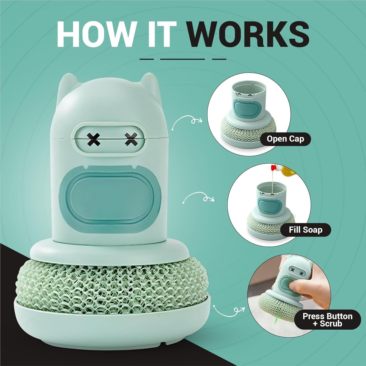 White Cartoon Press Dishwashing Brush with Replaceable Sponge Heads Kitchen Pot Cleaner V888-ELOSUNG51366