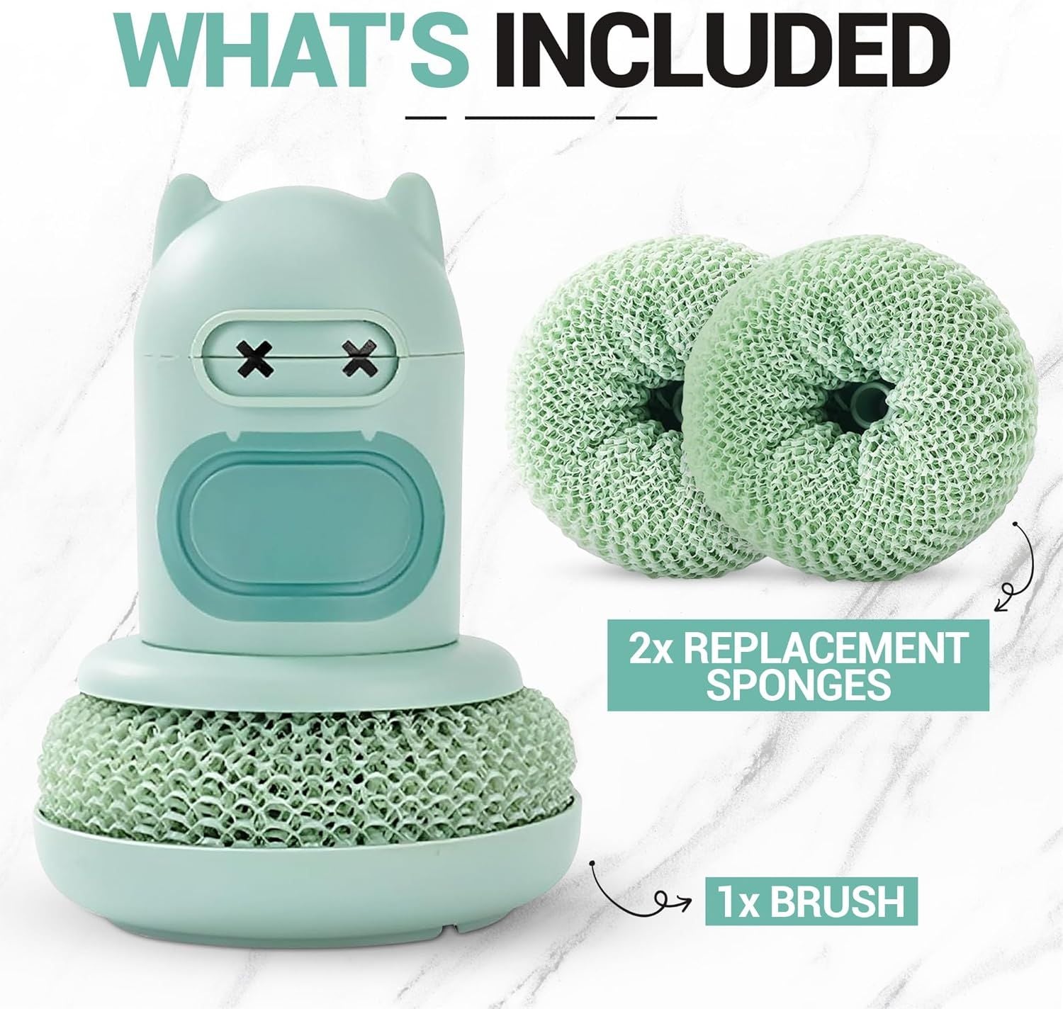 White Cartoon Press Dishwashing Brush with Replaceable Sponge Heads Kitchen Pot Cleaner V888-ELOSUNG51366