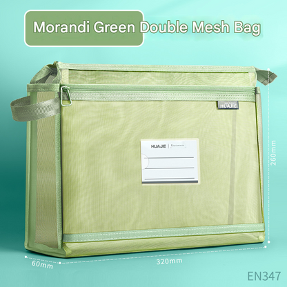 Morandi Green Double Layer Mesh File Bag with Handle Large Capacity Student Subject Organizer V888-ELOSUNG51374