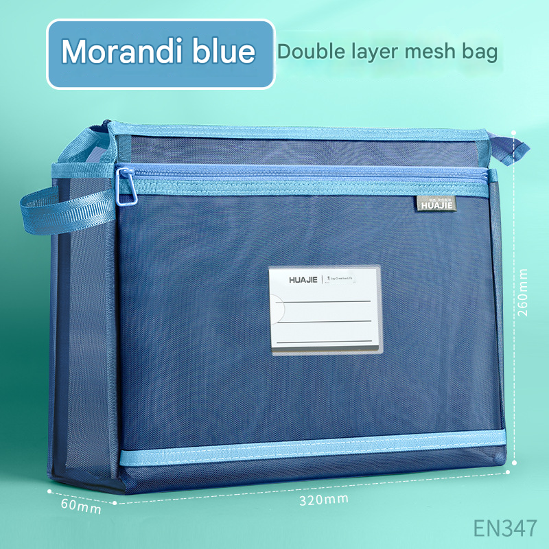 Morandi blue Double Layer Mesh File Bag with Handle Large Capacity Student Subject Organizer V888-ELOSUNG51376