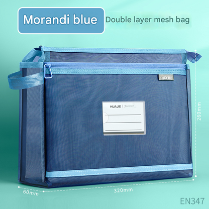Morandi blue Double Layer Mesh File Bag with Handle Large Capacity Student Subject Organizer V888-ELOSUNG51376