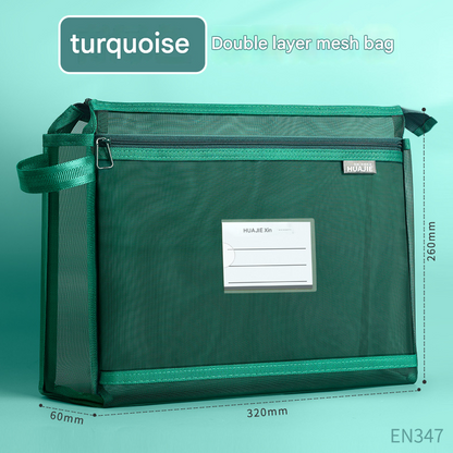 Turquoise Double Layer Mesh File Bag with Handle Large Capacity Student Subject Organizer V888-ELOSUNG51377