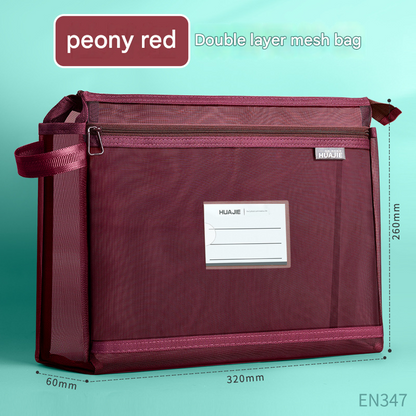 Peony Red Double Layer Mesh File Bag with Handle Large Capacity Student Subject Organizer V888-ELOSUNG51378