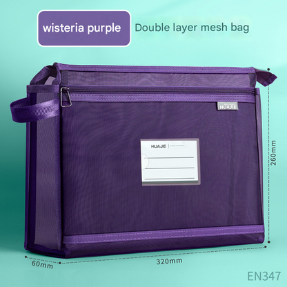 Wisteria purple Double Layer Mesh File Bag with Handle Large Capacity Student Subject Organizer V888-ELOSUNG51379