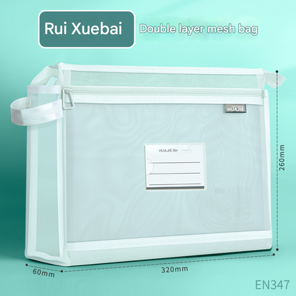 White Double Layer Mesh File Bag with Handle Large Capacity Student Subject Organizer V888-ELOSUNG51381