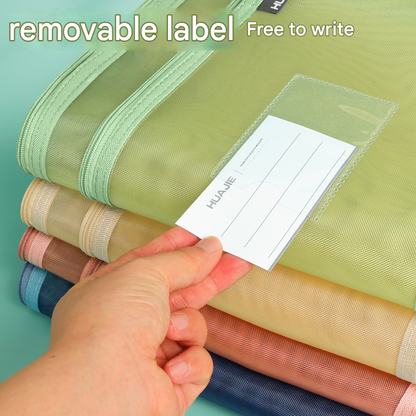 White Double Layer Mesh File Bag with Handle Large Capacity Student Subject Organizer V888-ELOSUNG51381