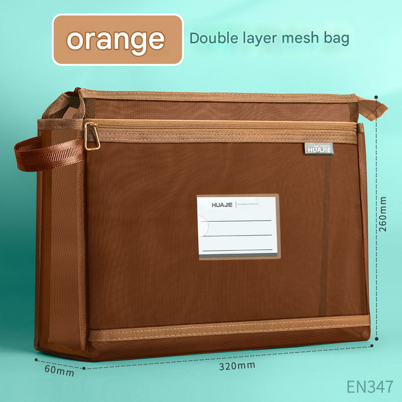 Orange Double Layer Mesh File Bag with Handle Large Capacity Student Subject Organizer V888-ELOSUNG51383