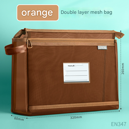Orange Double Layer Mesh File Bag with Handle Large Capacity Student Subject Organizer V888-ELOSUNG51383