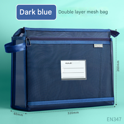 Dark blue Double Layer Mesh File Bag with Handle Large Capacity Student Subject Organizer V888-ELOSUNG51384