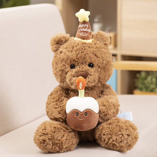 30cm Birthday Cake Teddy Bear Plush Toy - Soft Hugging Pillow with Party Hat(Bear with a Cake) V888-ELOSUNG51389