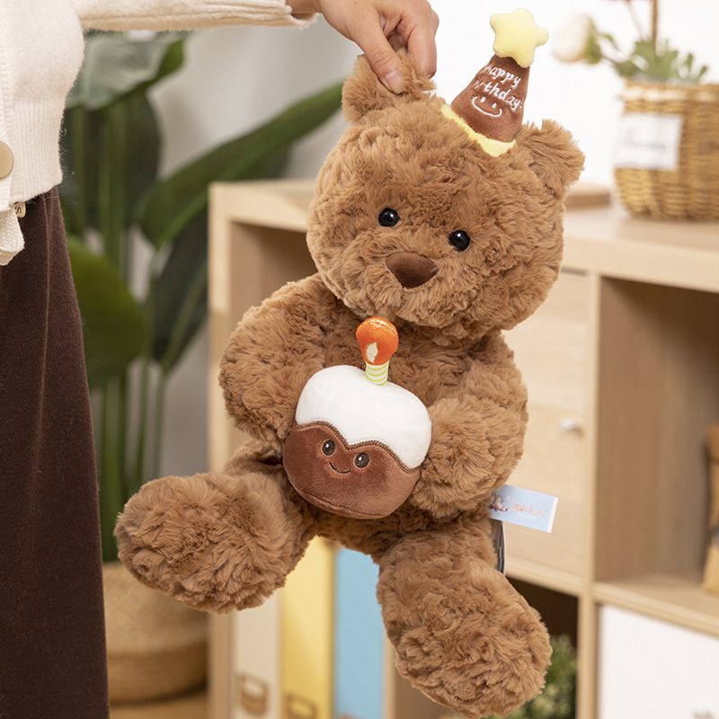 30cm Birthday Cake Teddy Bear Plush Toy - Soft Hugging Pillow with Party Hat(Bear with a Cake) V888-ELOSUNG51389